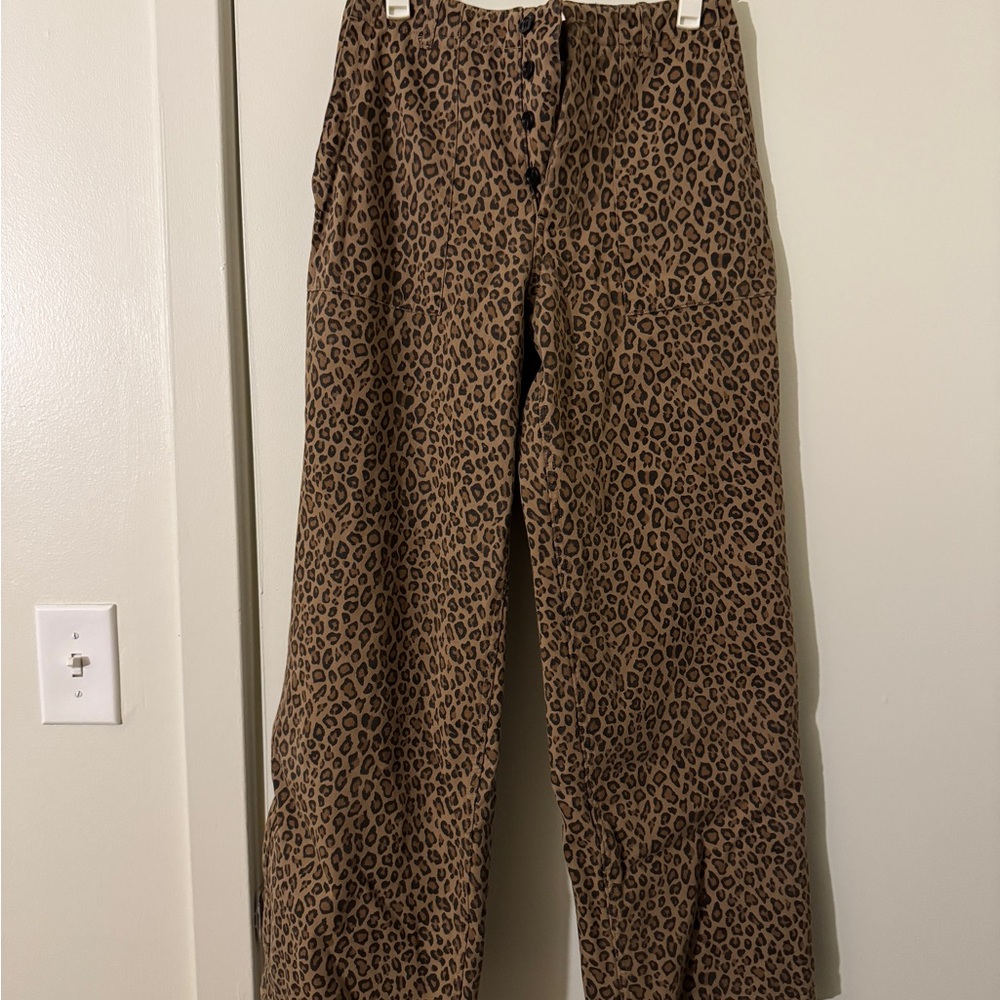 Leopard Print Fleece-lined Wide-Leg Pants